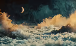 waves in the ocean crashing against rocks and a crescent