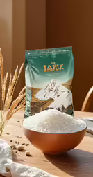 a bag of rice and a bowl of rice next to it