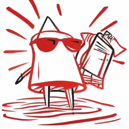 a red and white drawing of a person wearing sunglasses