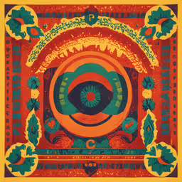 an art nouveau poster with an eye in the middle of it,a poster with a design in green, orange and red