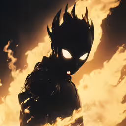 a demonic demon standing in front of a fire