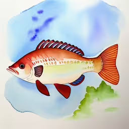 a fish with brown fins on it is shown on a blue background,a drawing of a red fish in blue water
