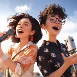 two women singing into microphones on top of a roof