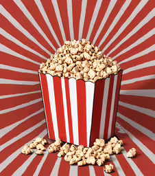 a popcorn box on a background with some chips,an image of a movie theater bucket full of popcorn