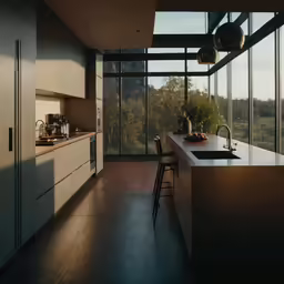 a kitchen is illuminated by light from the outside