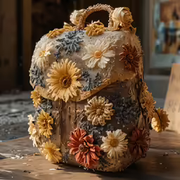 a handbag decorated with flowers is on the ground