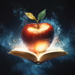an apple and a book are displayed in this image