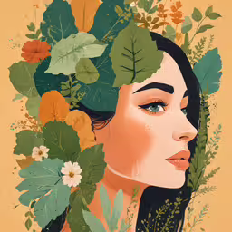 a woman with leaves on her head and in front of orange background,a close up of a woman with flowers in her hair