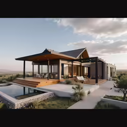the desert residence is on the edge of a pool