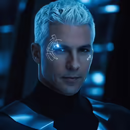 man with glow makeup in futuristic suit looks at camera