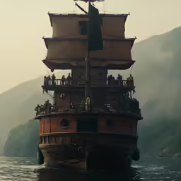 a big ship with people on top traveling along the water