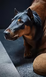 a dog laying on the ground with a dark background