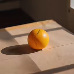 an orange laying on top of brown paper on a table
