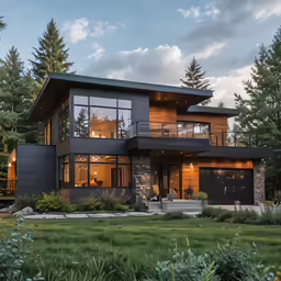 a two story house with dark colored windows and wooden exterior