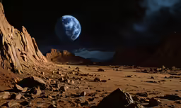 a rocky surface with rocks and a blue planet in the background