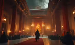 a man standing inside a dark room with red and gold colors
