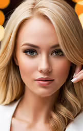 a blond woman with bangs and makeup poses for a portrait