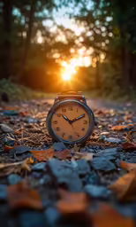 an orange watch sitting on the ground in front of trees