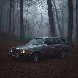 a brown and black car parked in the woods