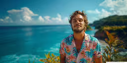 a man with a hawaiian print shirt in front of the ocean,a man with short hair and a shirt on in front of water