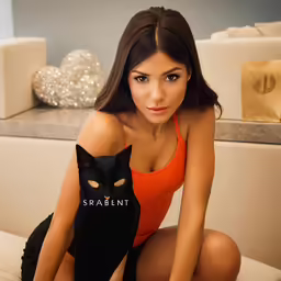 a woman in a bathing suit with a black cat