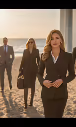 a group of people walking along a sandy beach