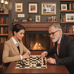 a woman sitting at a table with an older man playing chess