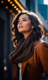 a woman standing with her head resting on her shoulder, wearing a brown coat