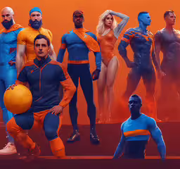 a group of various men in orange and blue outfits,a picture of a man and woman with different colored bodies