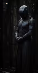 a man dressed in dark knight armor is standing in the woods