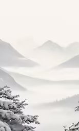 a snowy mountain view with pine trees