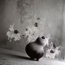 an animal looking at falling rocks in a window