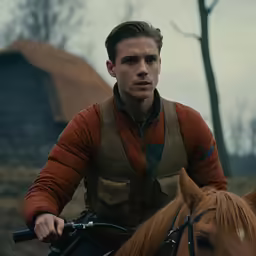 the young man rides on a horse in front of a small barn