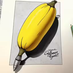 a drawing of a yellow banana sitting on top of a table