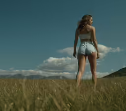 a woman in white underwear standing in a field