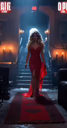 a woman in a red gown walks down the hall