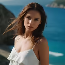 a woman is standing near the ocean on a sunny day