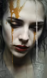 a young woman with red and orange lipstick