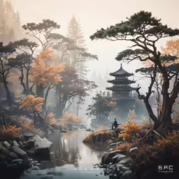 the oriental landscape with many trees and a small house