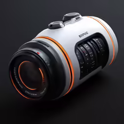 an orange and white camera sitting on top of a black table