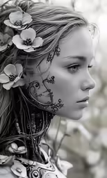 a woman in black and white has her head decorated with flowers