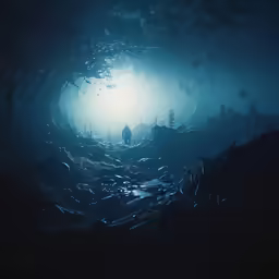 an image of a man coming out of a cave