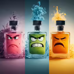 three bottle with angry faces sitting on top of each other