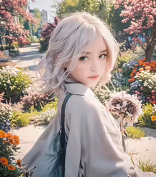 a pretty young blond woman with shoulder bags in the park
