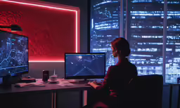 a person working on two monitors while looking at them