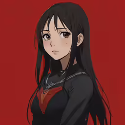 anime girl with long hair standing in front of a red background