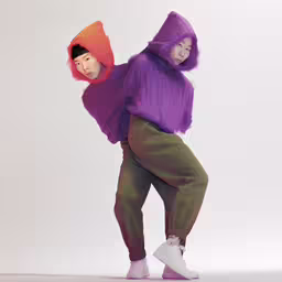 two young people dressed up in costumes for halloween,the woman and boy are in colorful clothing