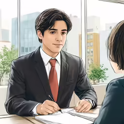 a person in a suit and tie sitting at a desk
