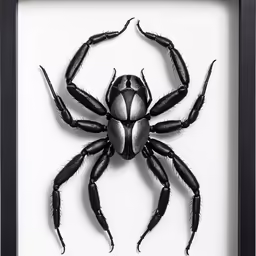 a small black framed insect sitting inside of a wooden frame