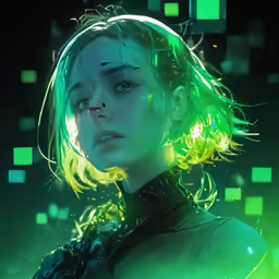 a close - up of a young woman with yellow hair and green lighting